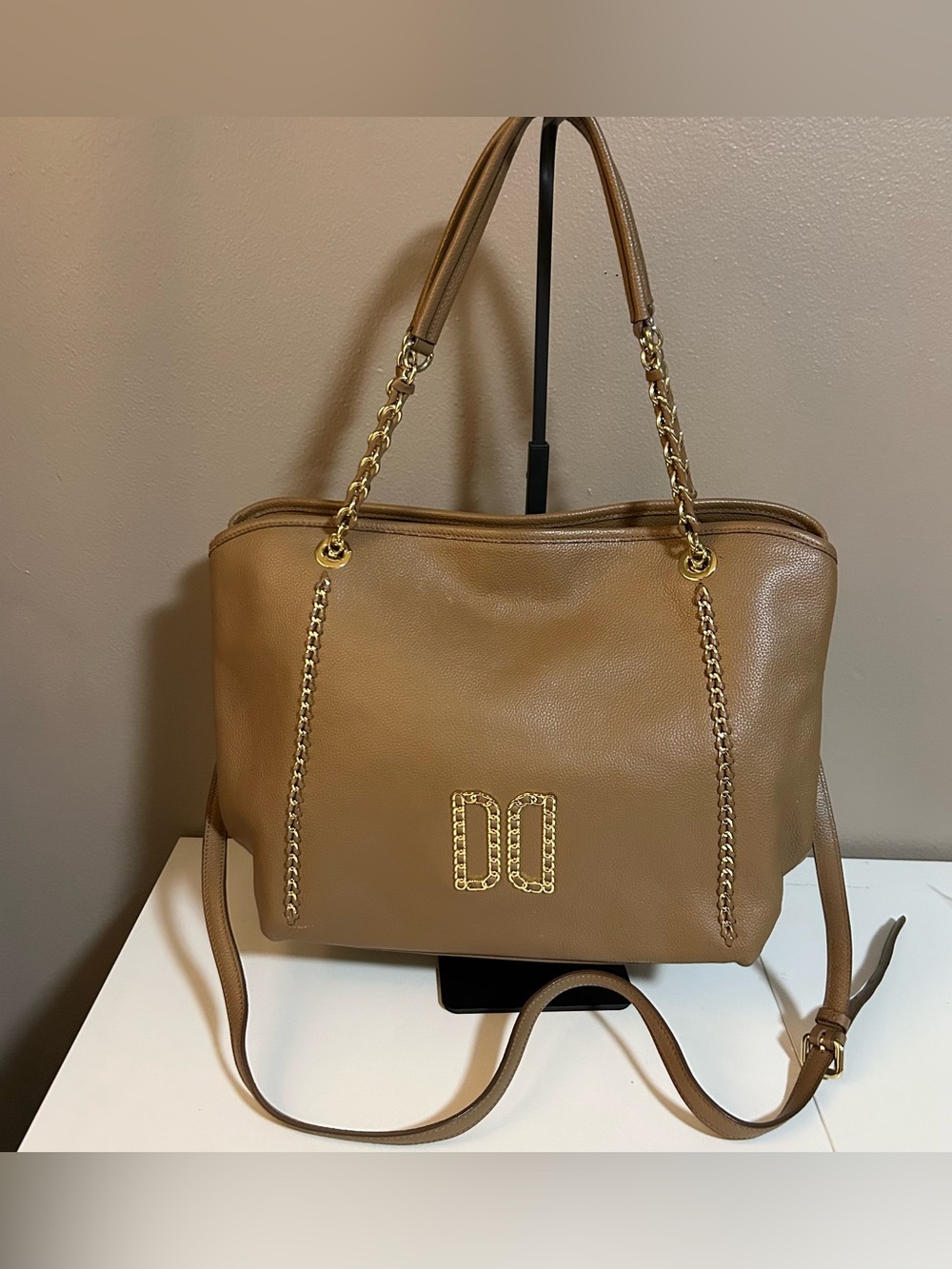 Daks Brown Pebbled Leather Tote Shoulder Bag Gold Hardware Convertible straps